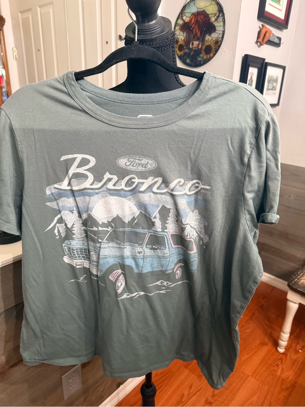 Ford Short-Sleeve Bronco Graphic Tee — Sage Green with Light Blue & White Print